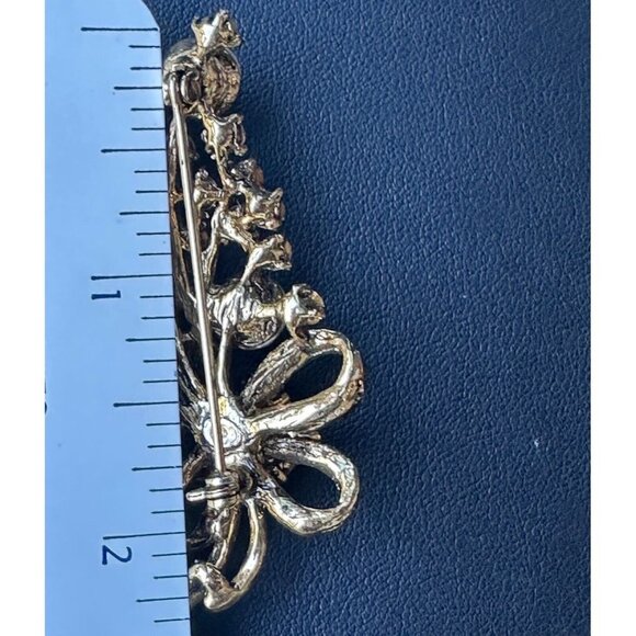 Brooch Pin 2.25" Flower Bouquet Ribbon Aurora Borealis Clear Black Rhinestones - Picture 4 of 4